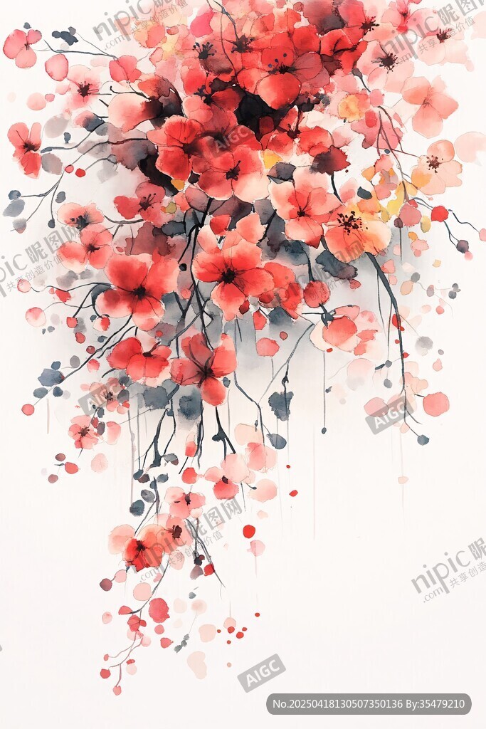 水墨风垂落繁花插画
