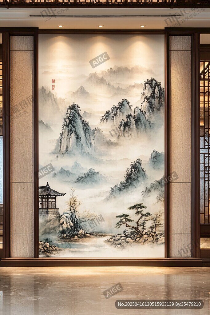 中式山水玄关壁画艺术美