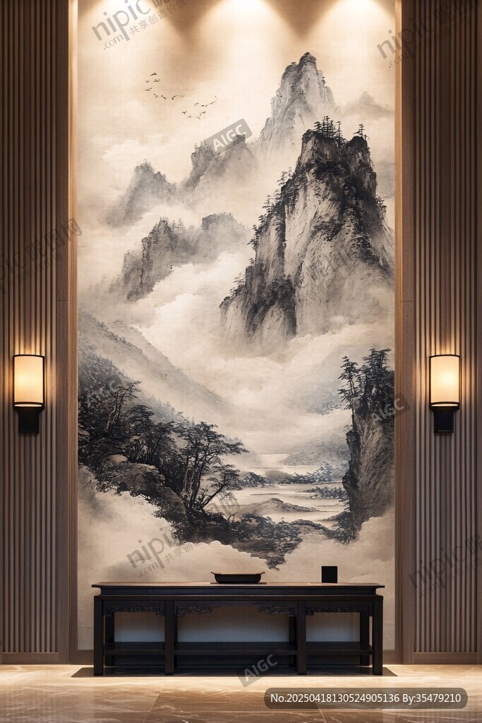 中式山水壁画玄关装饰