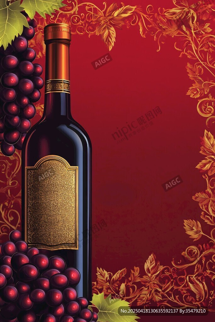 红底金饰旁的精美葡萄酒瓶