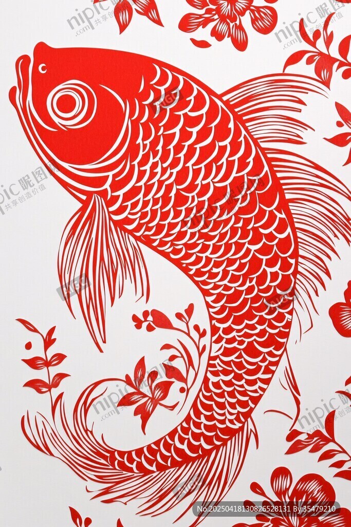 红色剪纸锦鲤与花卉图案
