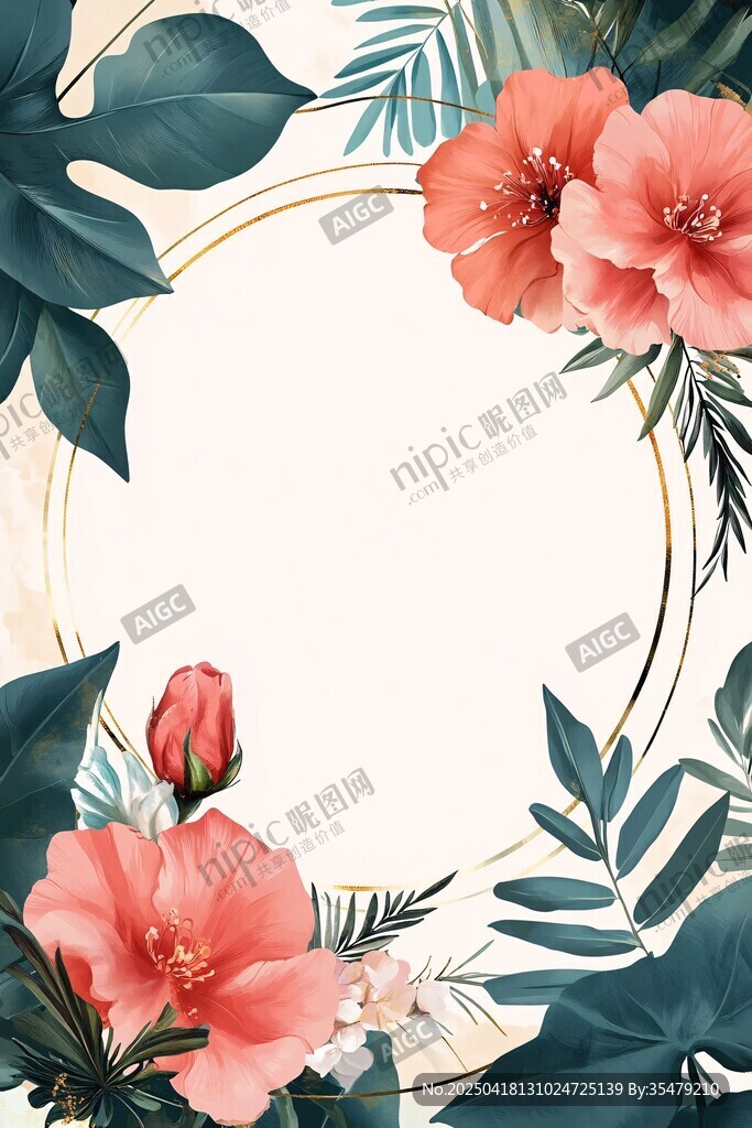 粉色花卉绿叶边框背景图