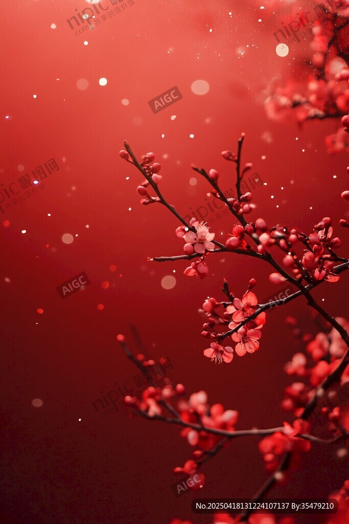 红梅映红背景添诗意