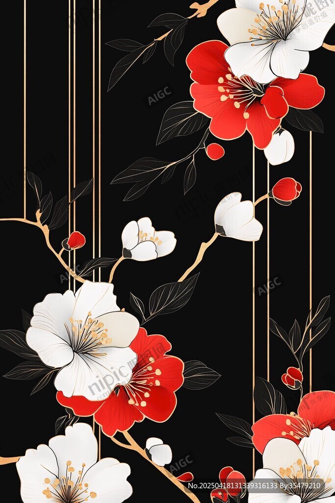 黑底红白花卉精美图案