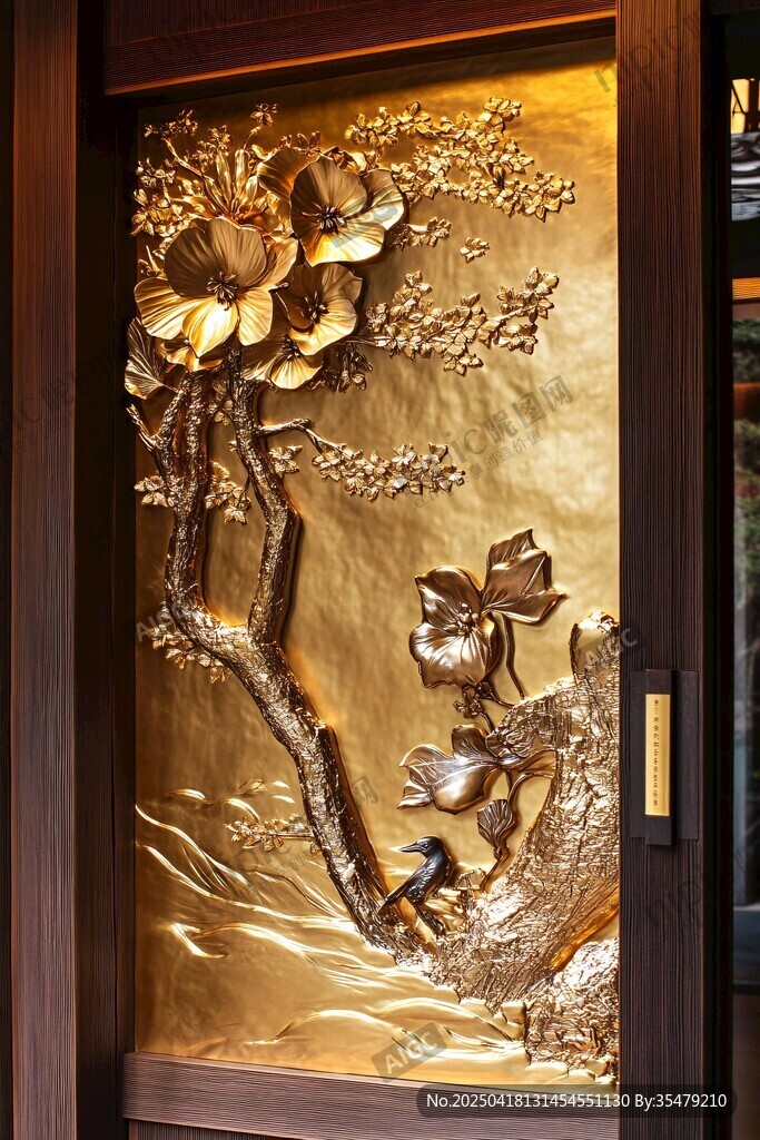 金色浮雕荷花艺术墙面