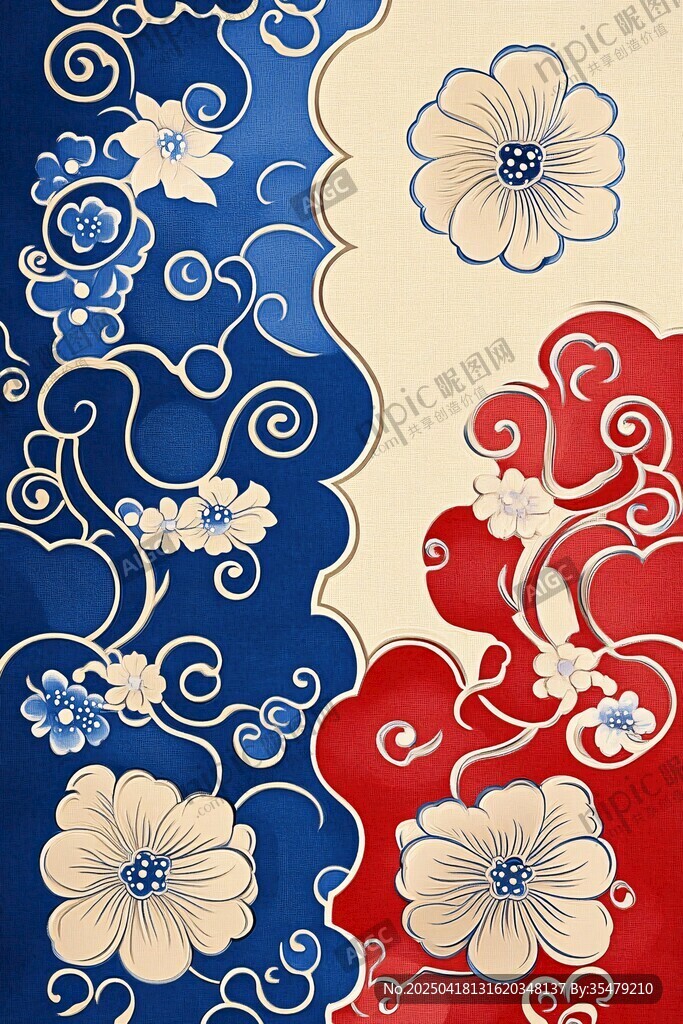 中式三色花卉纹装饰图案