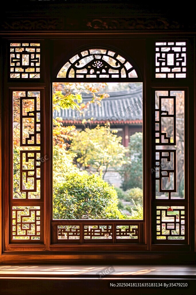 中式花窗下的园林景致