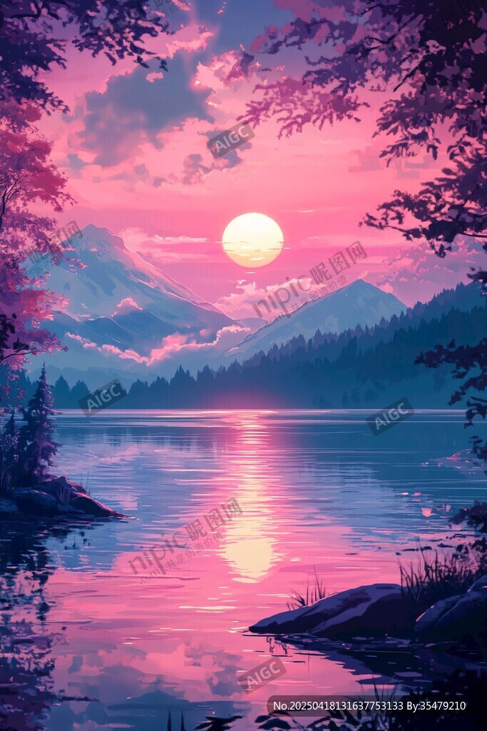 湖畔粉紫日落梦幻美景