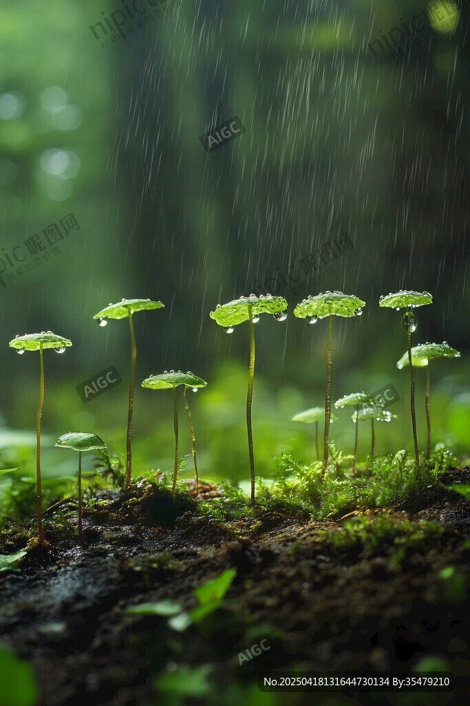 雨中嫩绿植物生机盎然