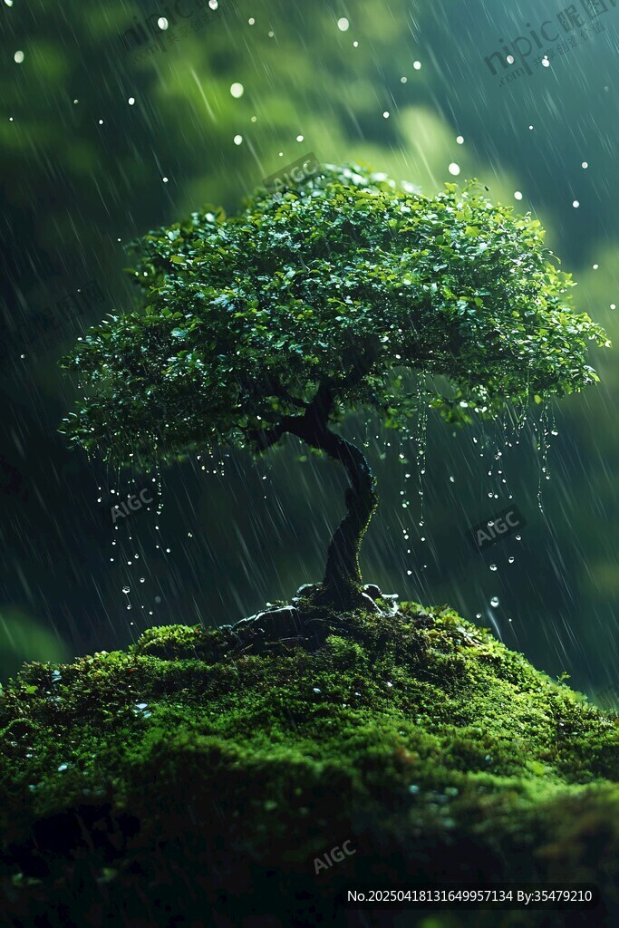 雨中孤树 绿意盎然的生机
