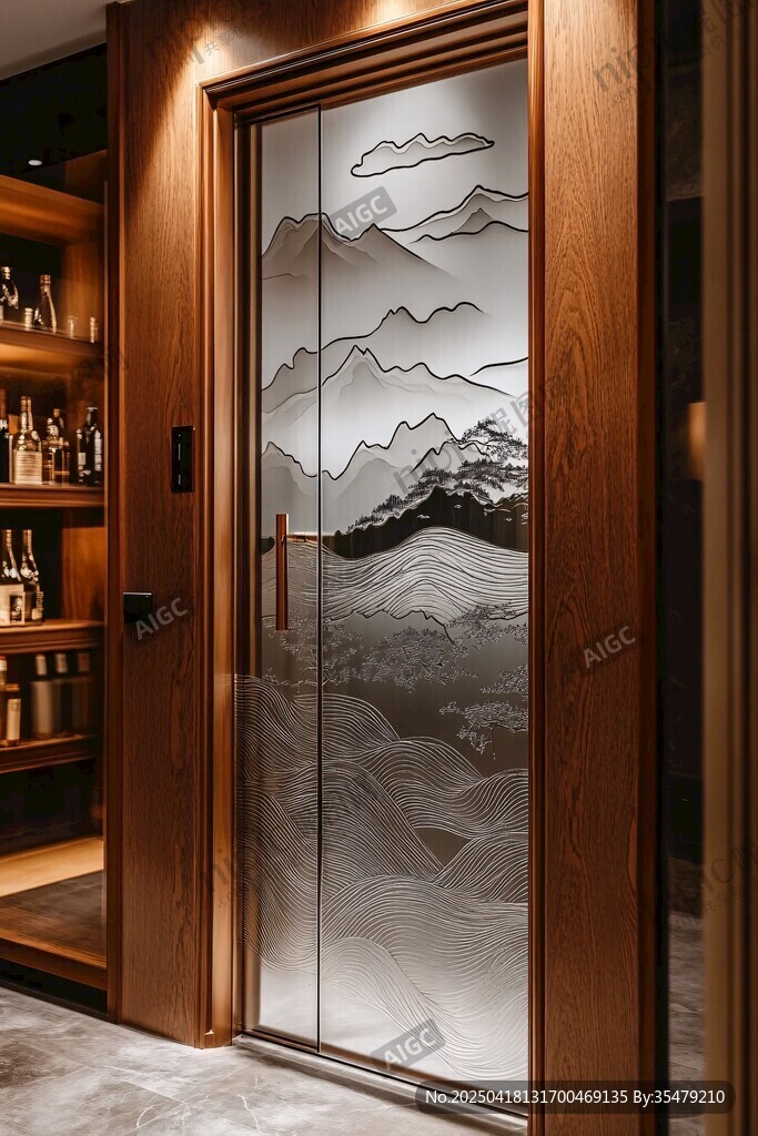 中式山水玻璃门室内景致