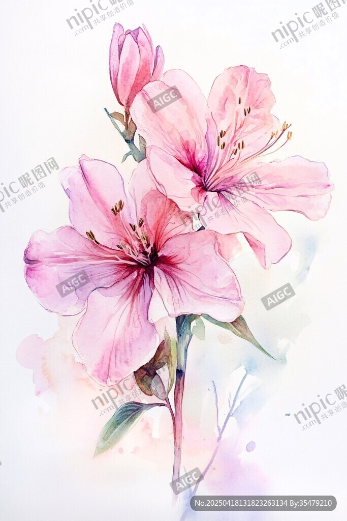 水彩绘就的娇艳粉色花朵