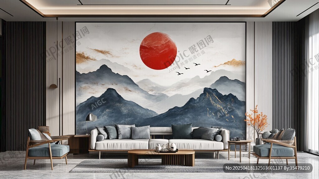 中式客厅 红日山水壁画背景