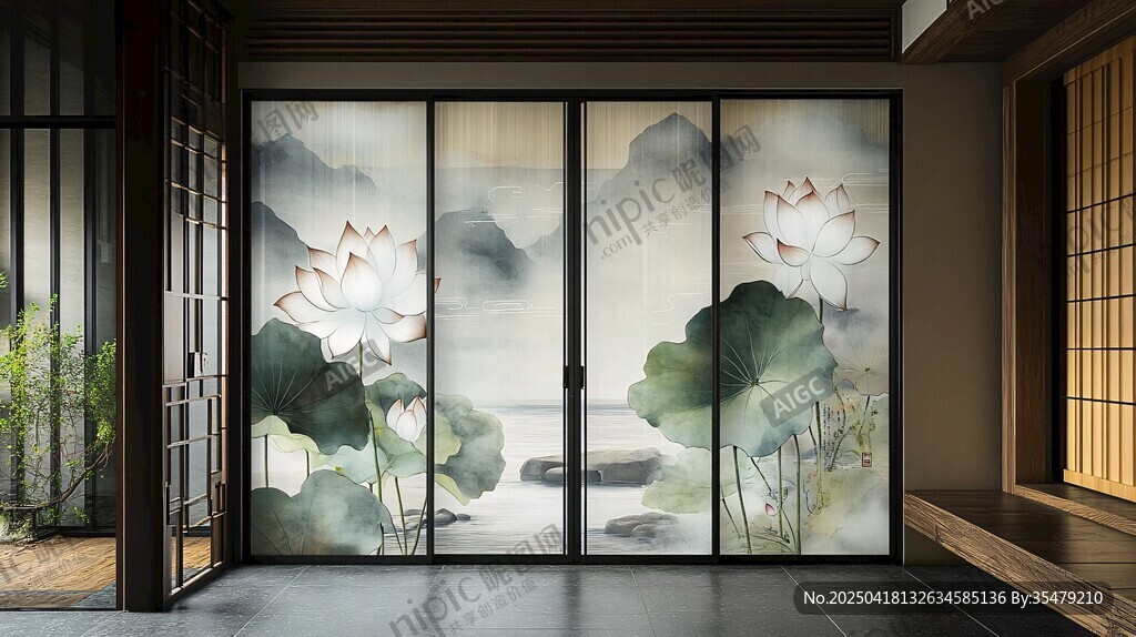 中式水墨荷花移门装饰