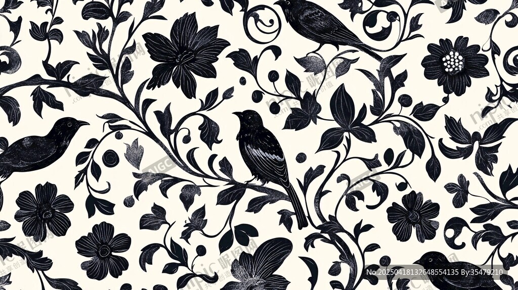 黑白花鸟图案纹理设计