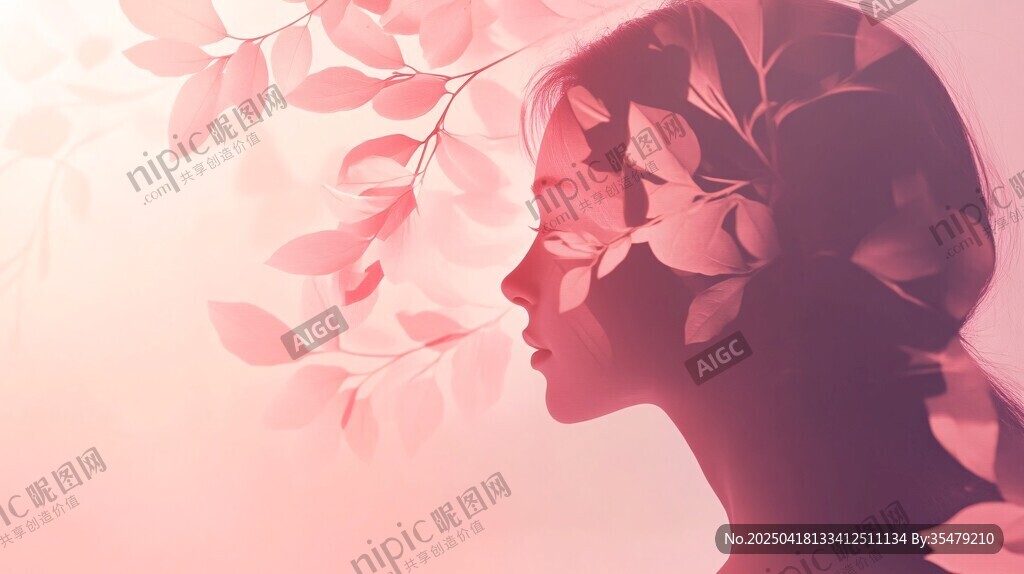 梦幻叶影中的女性侧影