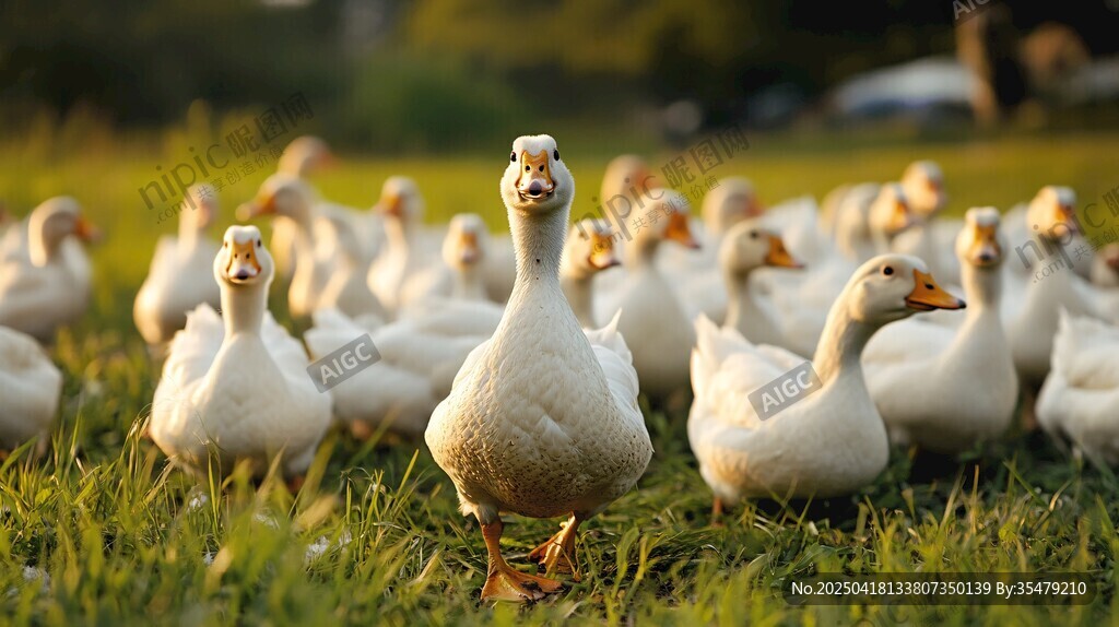 草地上的一群大白鹅