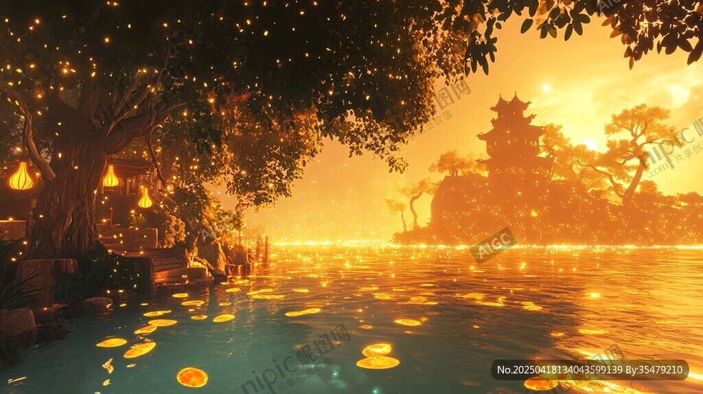 黄昏河畔梦幻祈福场景