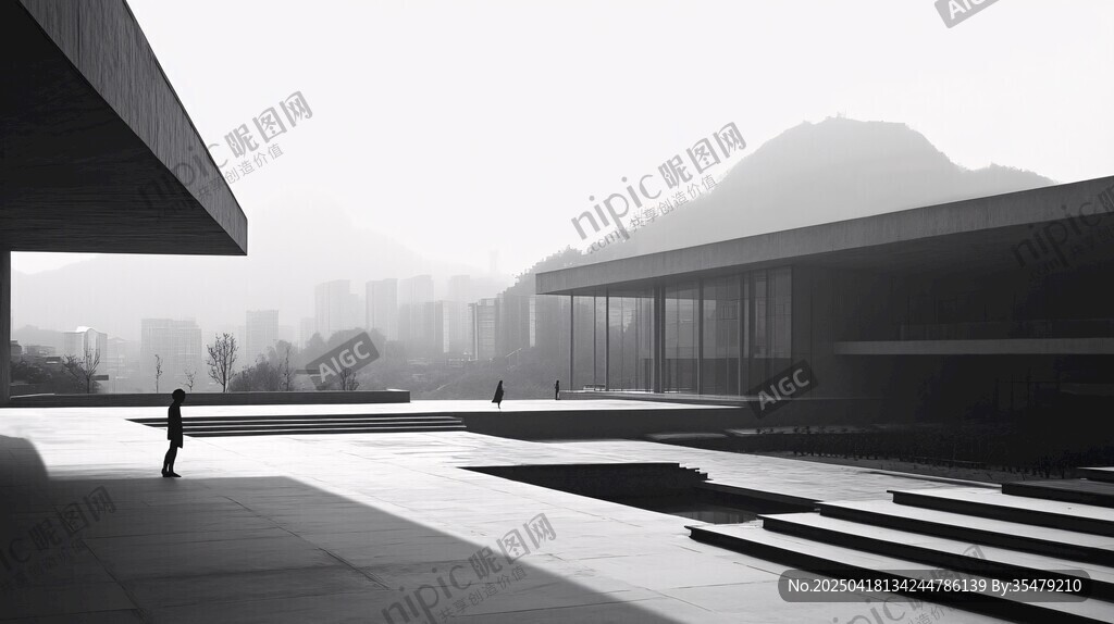 极简建筑下的孤独身影