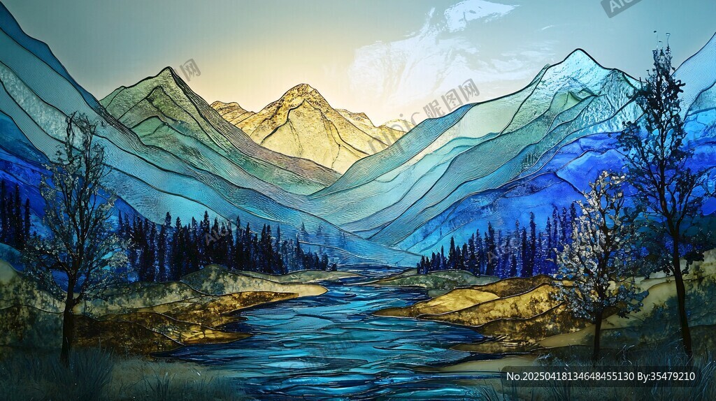 梦幻山川河流风景插画