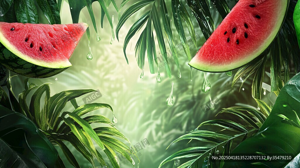 夏日西瓜与热带绿植风景