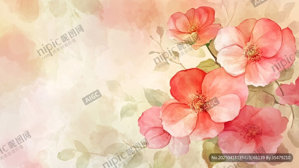 水彩绘就的柔美粉色花卉
