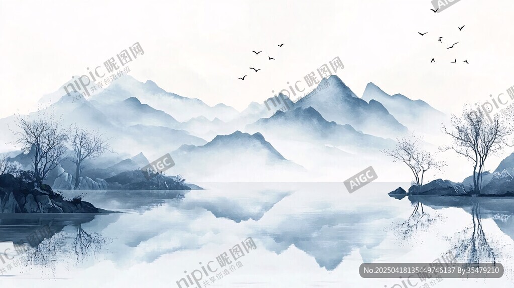 水墨山水间飞鸟映湖景