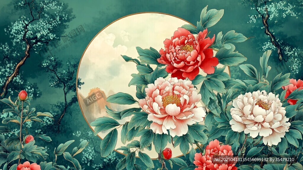 月下牡丹绽放中式美景