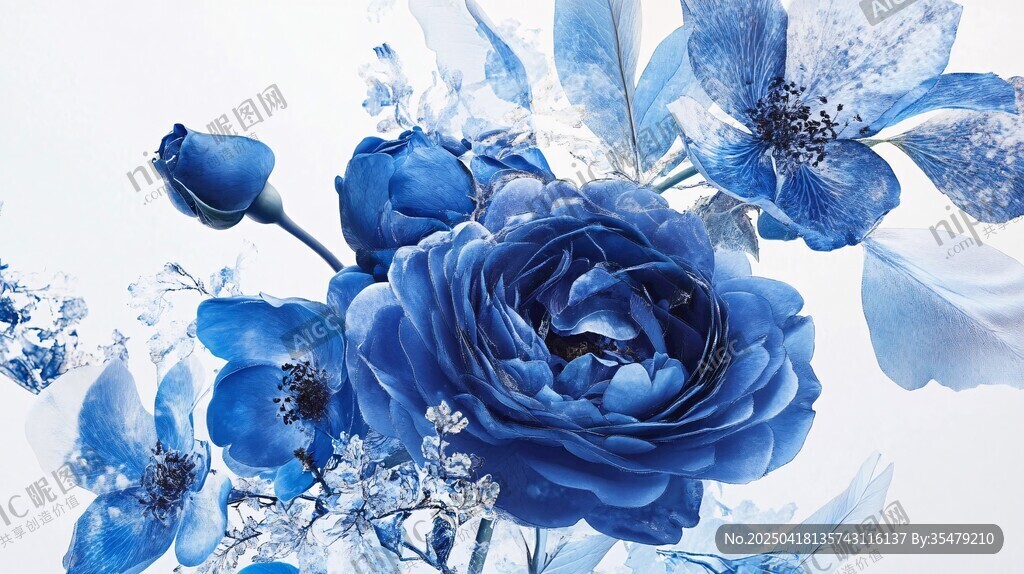 梦幻蓝调花卉静物图