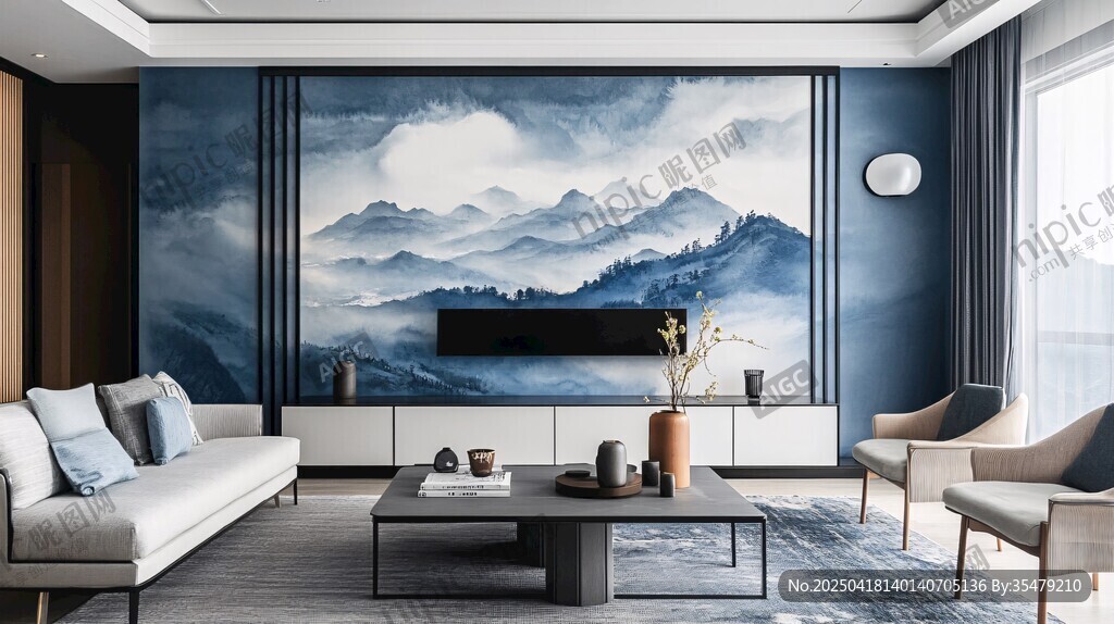 新中式客厅 山水壁画背景