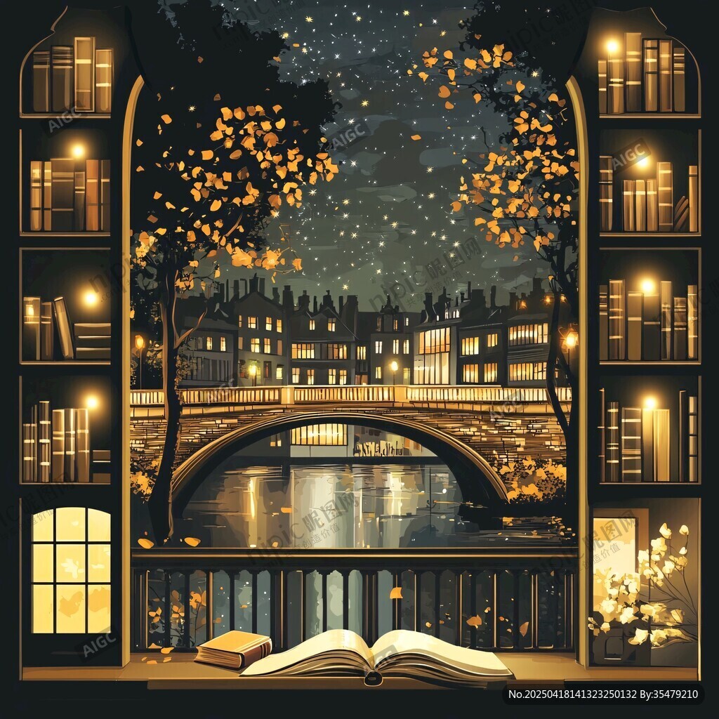 夜窗下的梦幻河畔书香景