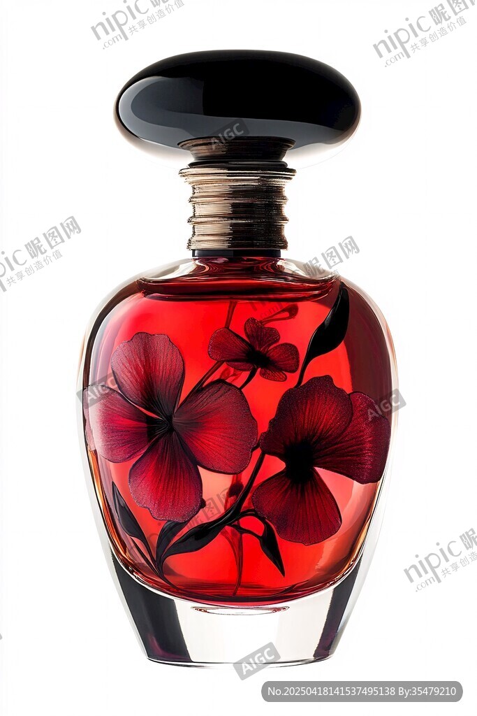 精致红瓶花卉图案香水瓶