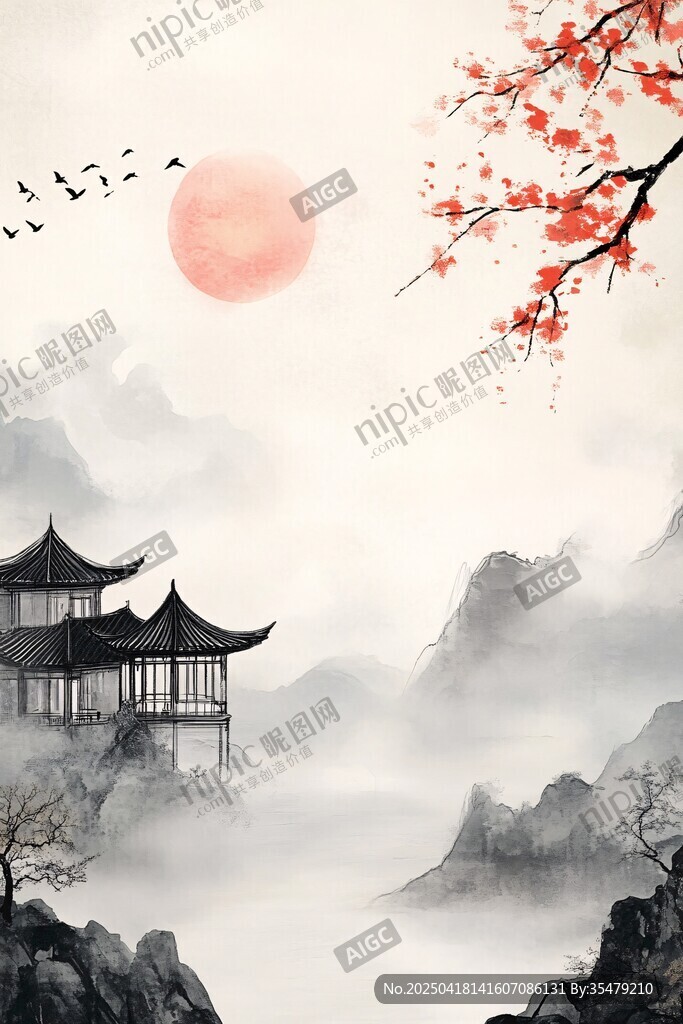水墨山水间的古韵楼阁