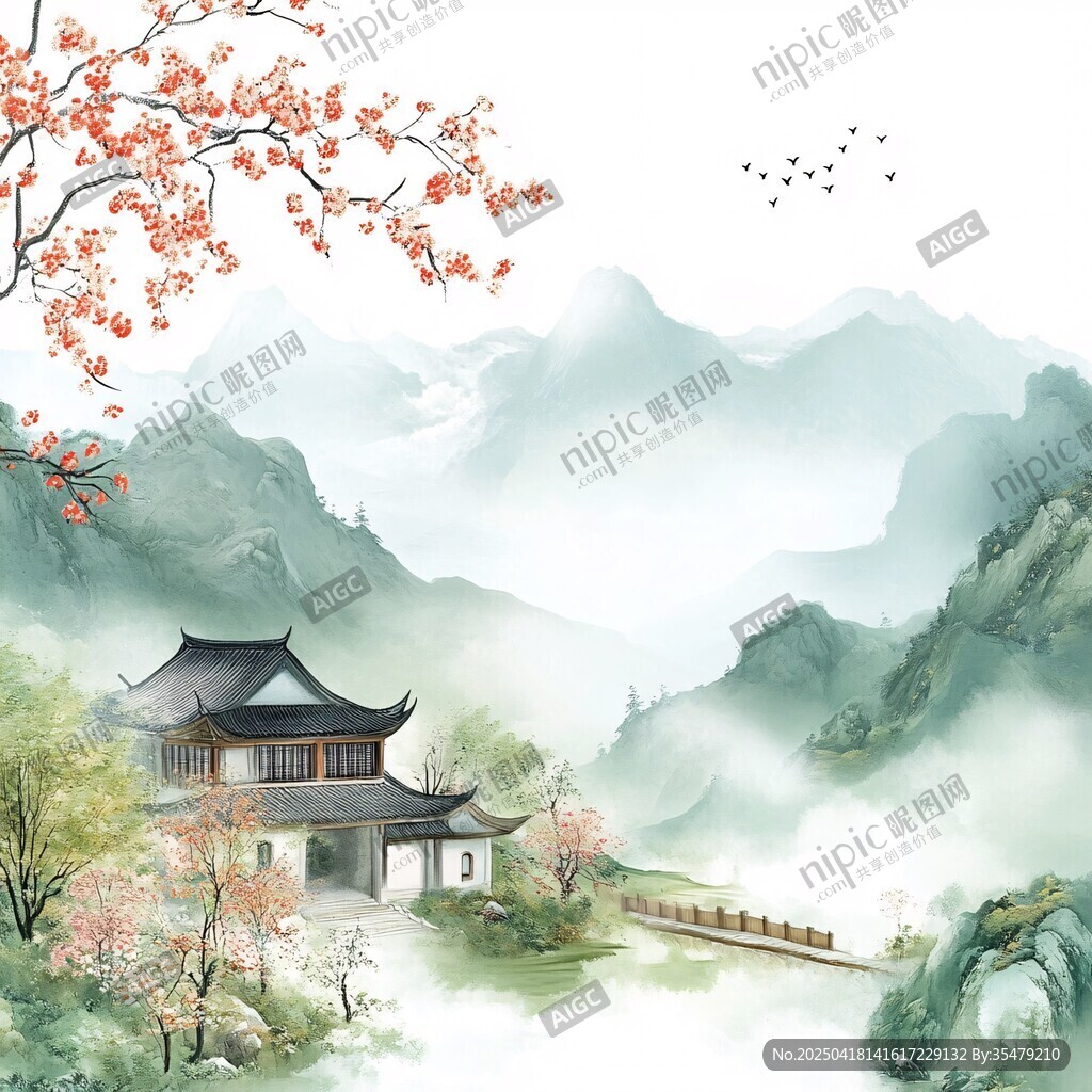 水墨山水间的古韵楼阁