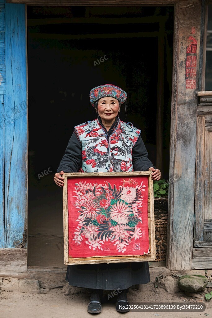 彝族妇女展示精美刺绣作品