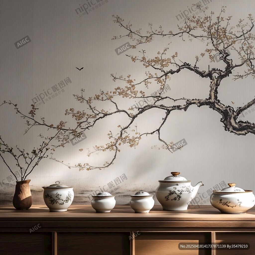 中式茶具与水墨风装饰画