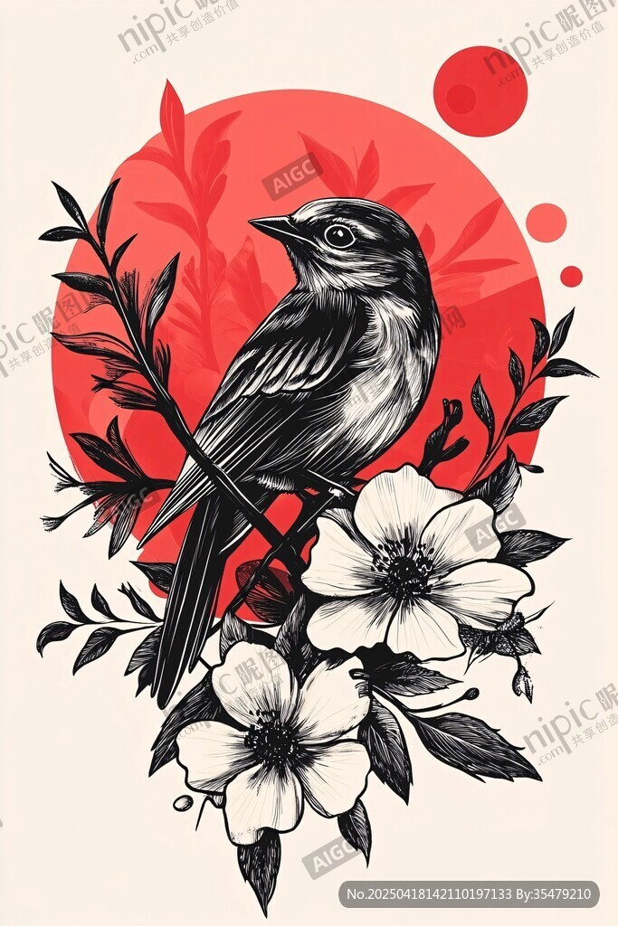 花鸟绘 栖息于花枝的小鸟