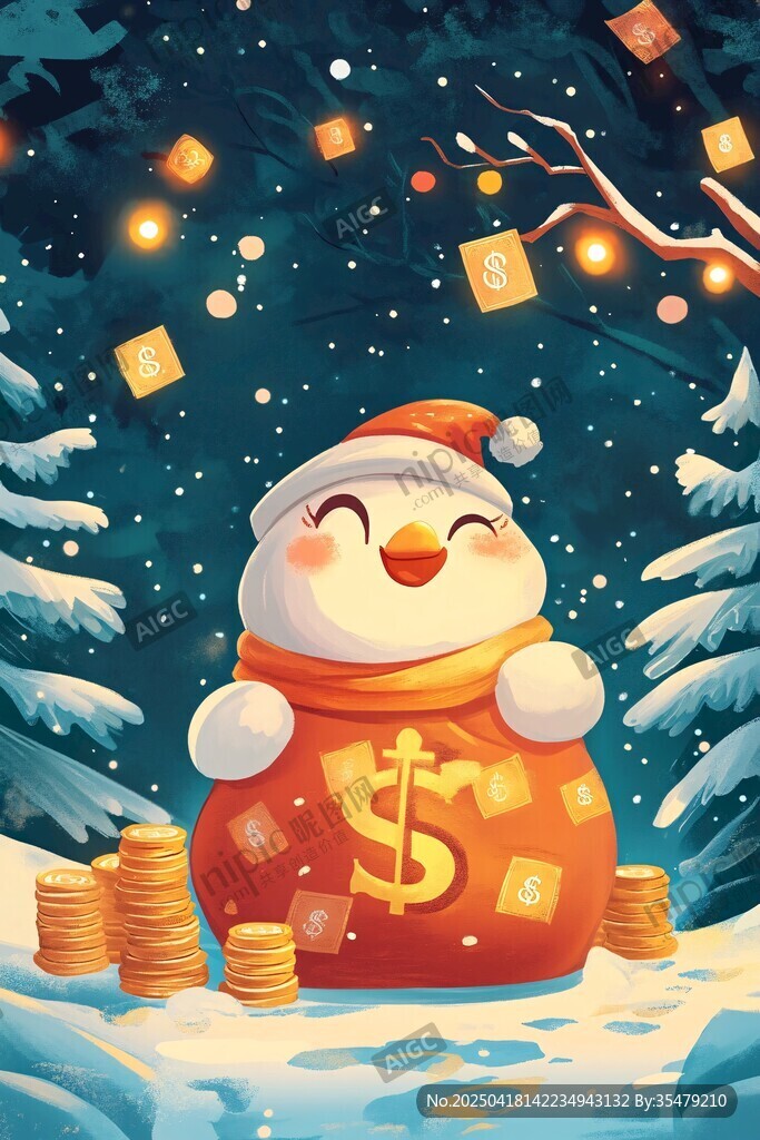 雪中小鸭抱金袋迎佳节