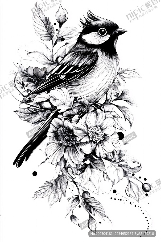 花鸟黑白插画艺术图案