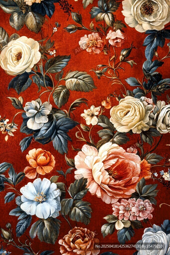 复古红底繁花织物图案