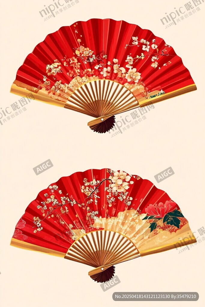 古典红底花卉图案折扇
