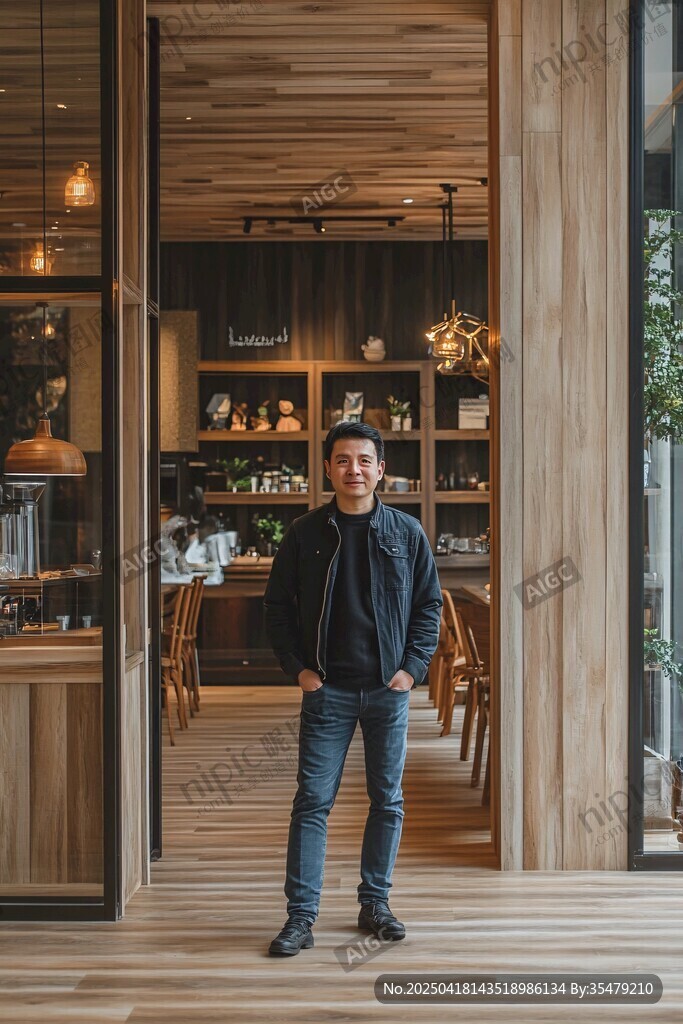 男子立于温馨木质咖啡店门口
