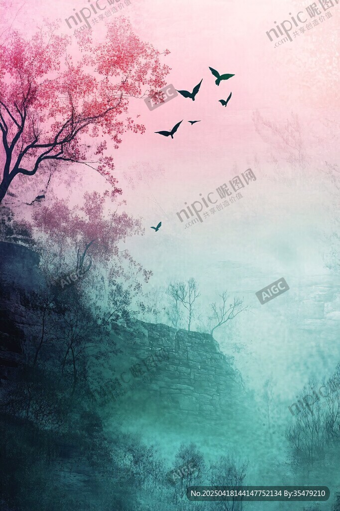 雾中粉树飞鸟梦幻景致