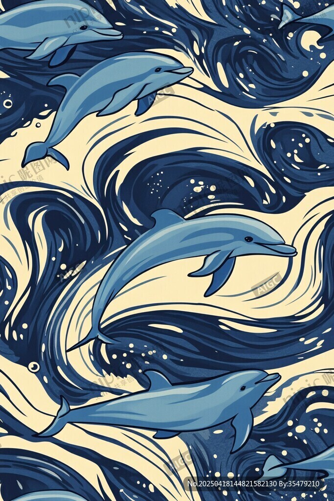 海豚畅游于海浪的梦幻图案