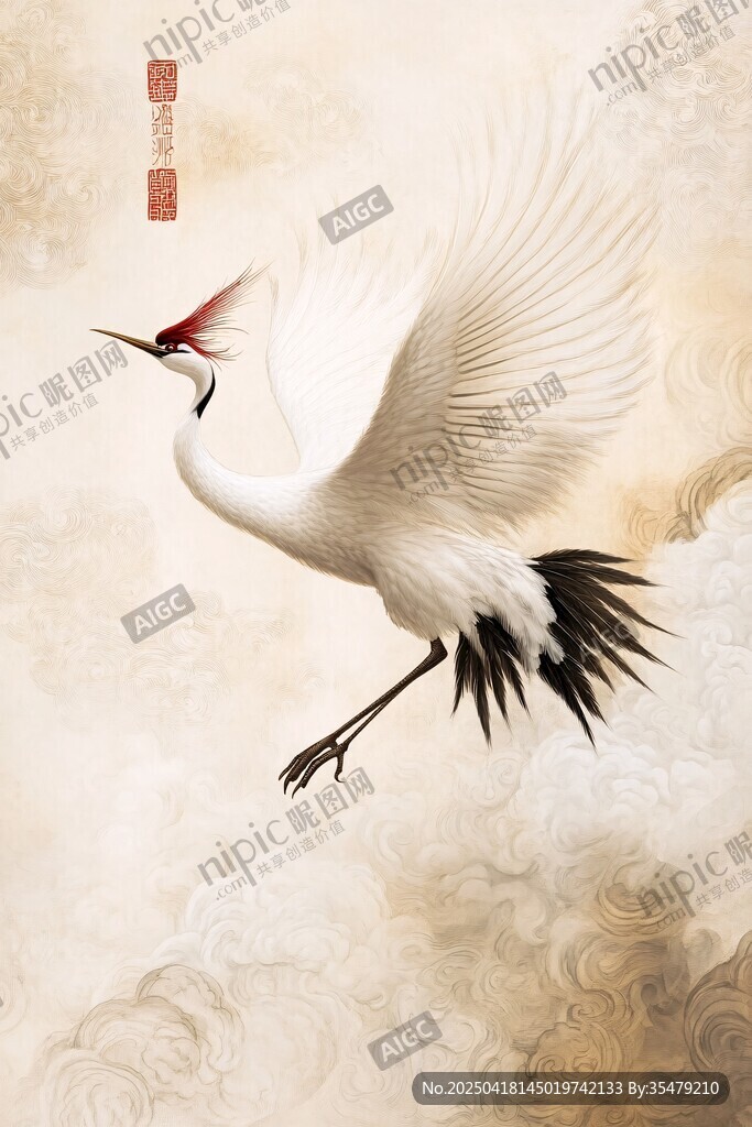 丹顶鹤展翅翱翔于云海
