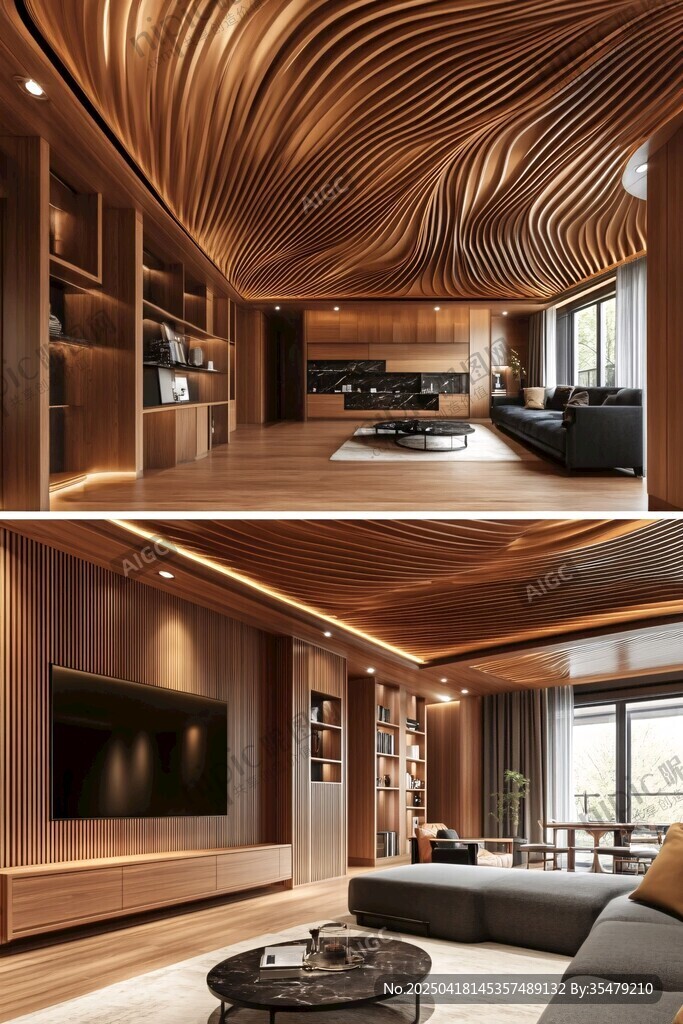 木质波浪吊顶客厅3D效果图