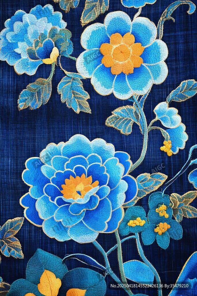 蓝底花卉图案精美装饰画