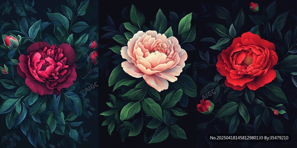 三朵娇艳牡丹花卉插画