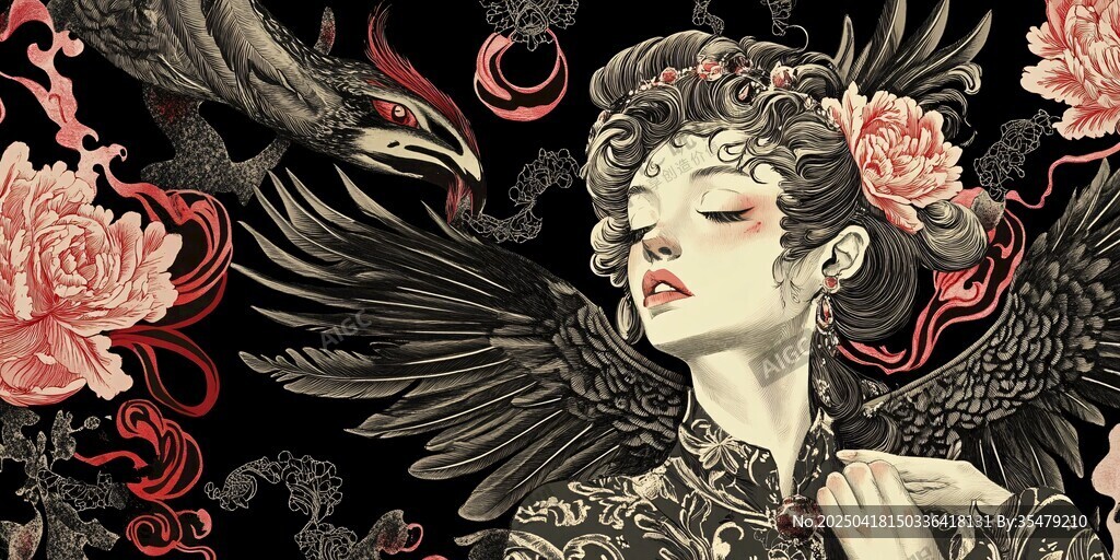 神秘花翼女子奇幻插画