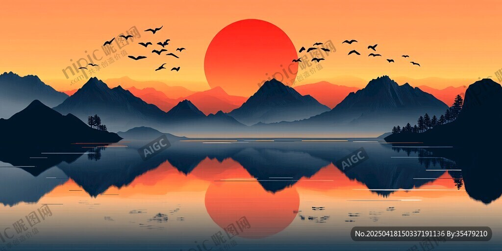 夕阳下山水飞鸟静谧美景